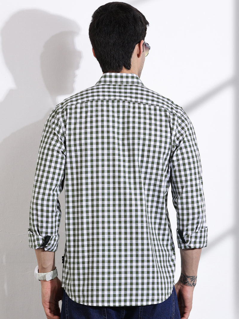 Thomas Scott Men Green Slim Fit Long Sleeve Gingham Checks Cotton Casual Shirt