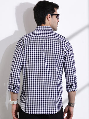 Thomas Scott Men Navy Slim Fit Long Sleeve Gingham Checks Cotton Casual Shirt