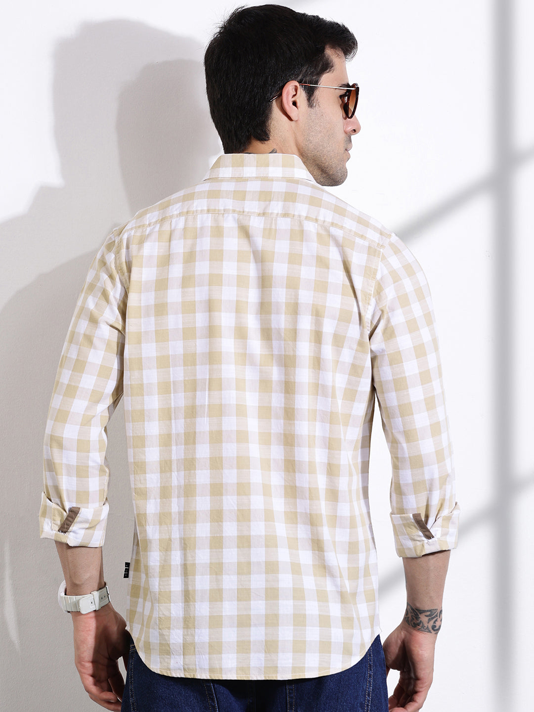 Thomas Scott Men Beige Slim Fit Long Sleeves Tartan Checks Casual Shirt