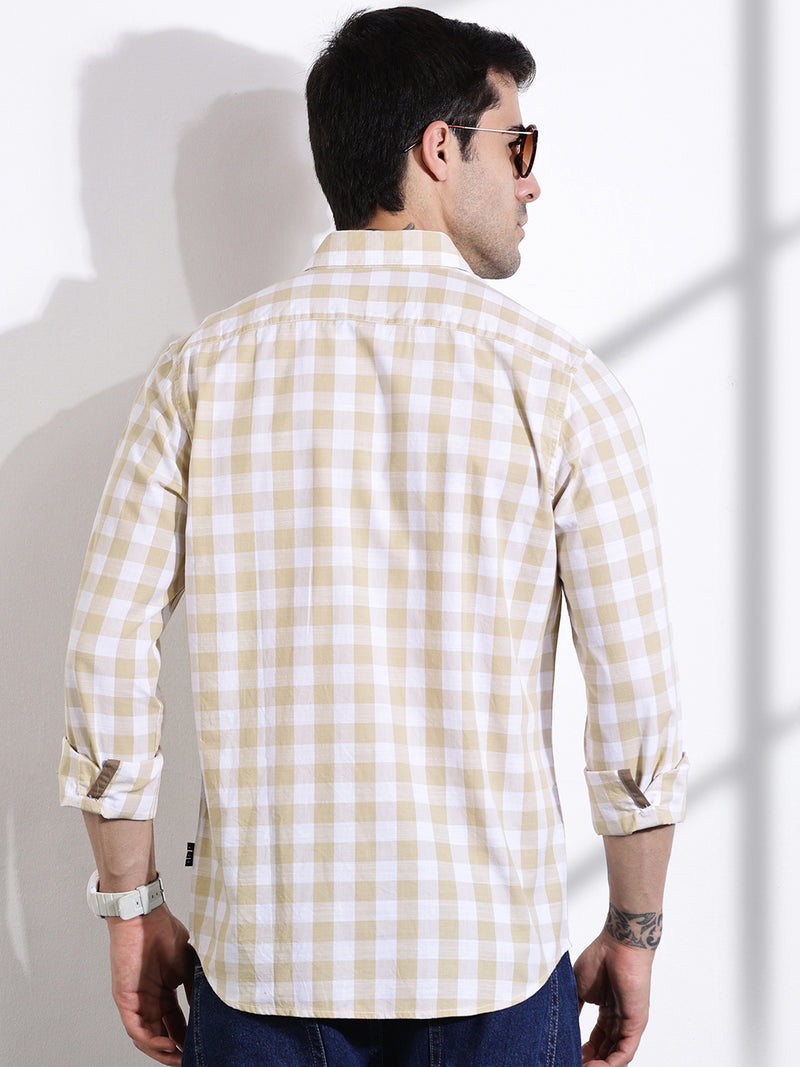 Thomas Scott Men Beige Slim Fit Long Sleeves Tartan Checks Casual Shirt