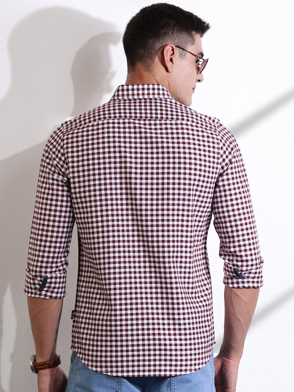 Thomas Scott Men Maroon Slim Fit Long Sleeves Gingham Checks Cotton Woven Casual Shirt