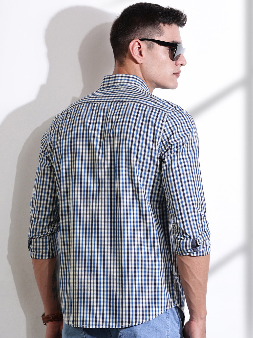 Thomas Scott Men Navy Slim Fit Long Sleeves Gingham Checks Woven Casual Shirt