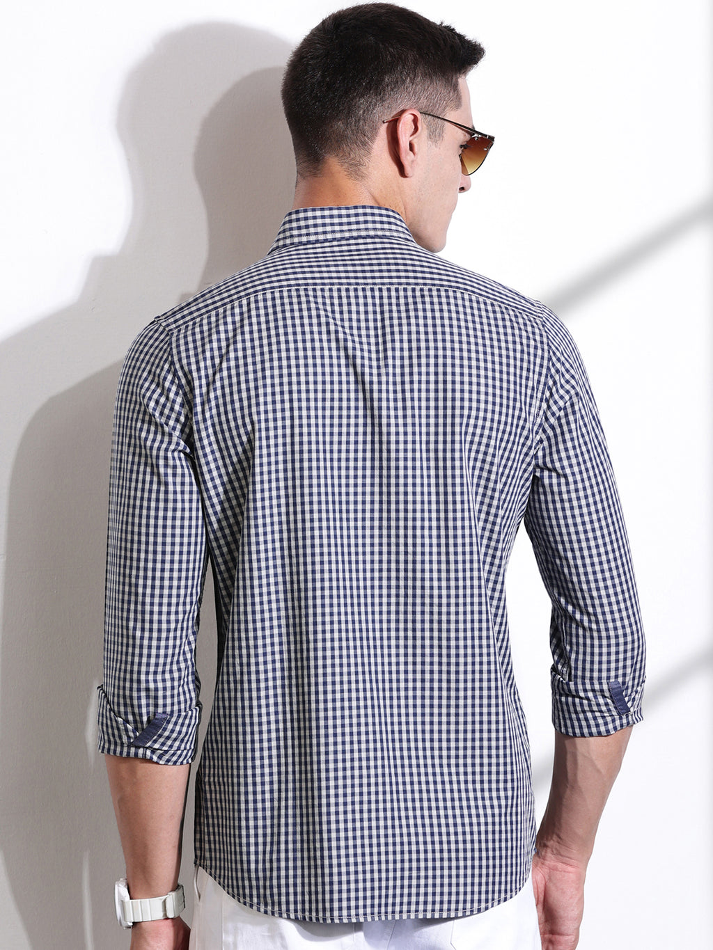 Thomas Scott Men Navy Slim Fit Long Sleeves Gingham Checks Woven Casual Shirt