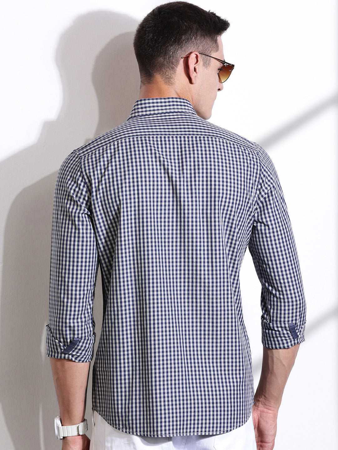 Thomas Scott Men Navy Slim Fit Long Sleeves Gingham Checks Woven Casual Shirt
