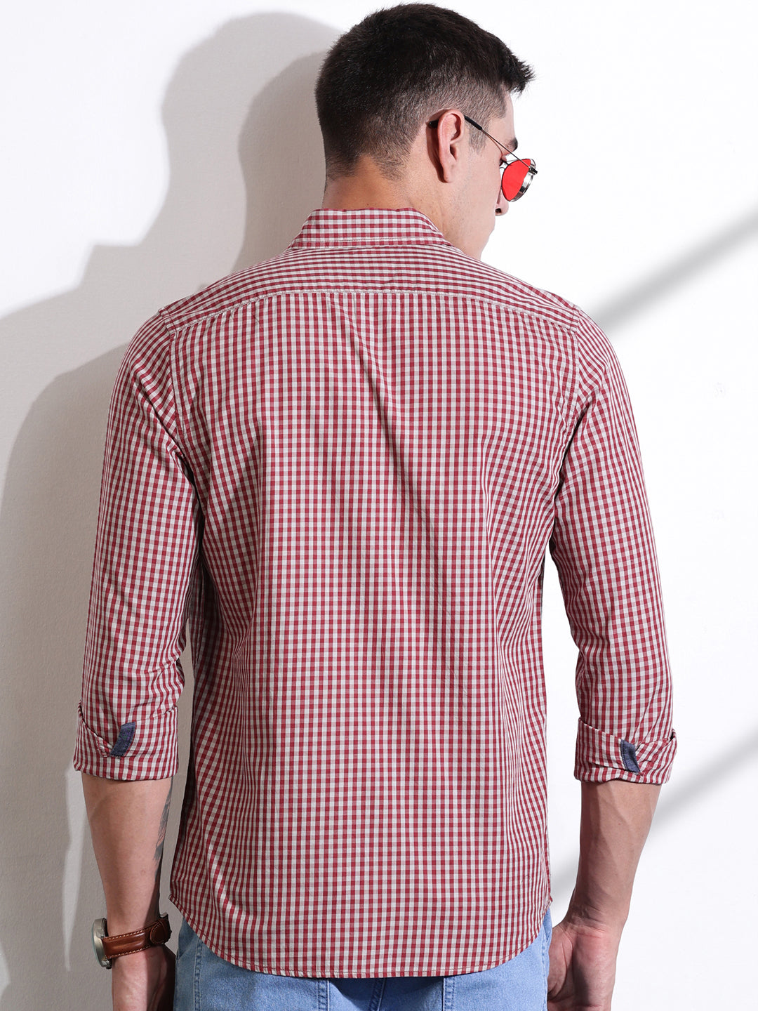 Thomas Scott Men Red Slim Fit Long Sleeves Gingham Checks Cotton Woven Casual Shirt