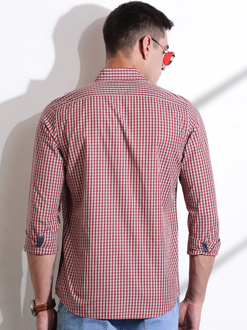 Thomas Scott Men Red Slim Fit Long Sleeves Gingham Checks Cotton Woven Casual Shirt
