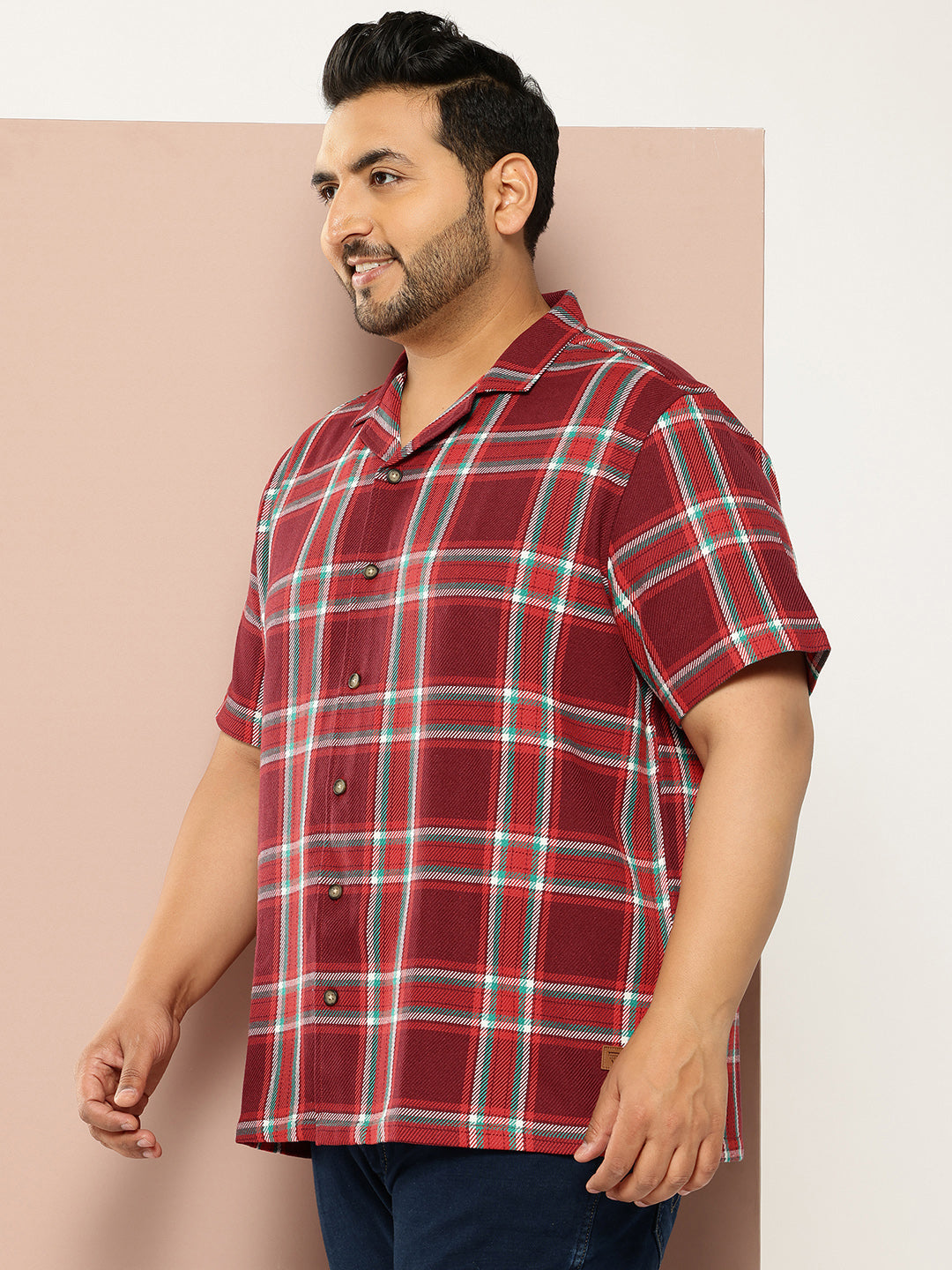 Thomas Scott Men Red Plus Size Regular Fit Short Sleeves Windowpane Checks Casual Shirt