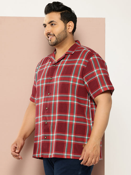 Thomas Scott Men Red Plus Size Regular Fit Short Sleeves Windowpane Checks Casual Shirt