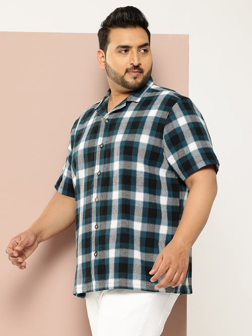 Thomas Scott Men Teal Plus Size Regular Fit Short Sleeves Windowpane Checks Casual Shirt
