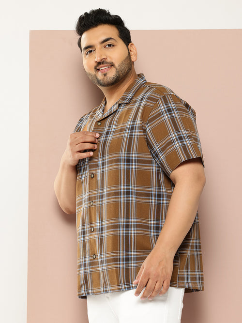 Thomas Scott Men Brown Plus Size Regular Fit Short Sleeves Windowpane Checks Casual Shirt