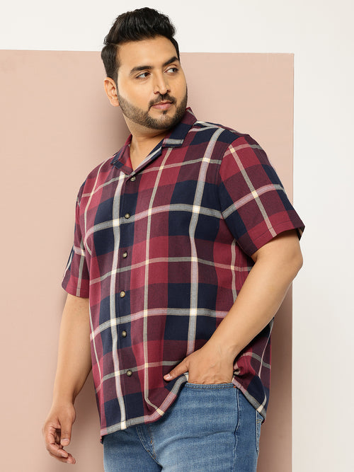 Thomas Scott Men Red Plus Size Regular Fit Short Sleeves Windowpane Checks Casual Shirt