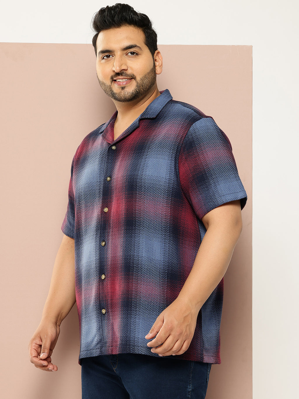 Thomas Scott Men Red Plus Size Regular Fit Short Sleeves Windowpane Checks Casual Shirt