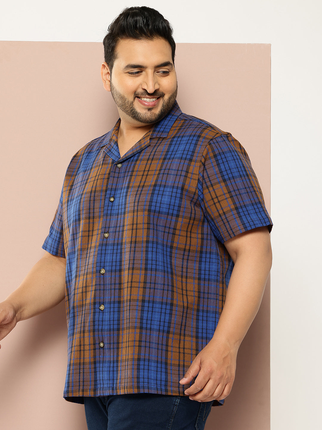 Thomas Scott Men Blue Plus Size Regular Fit Short Sleeves Windowpane Checks Casual Shirt