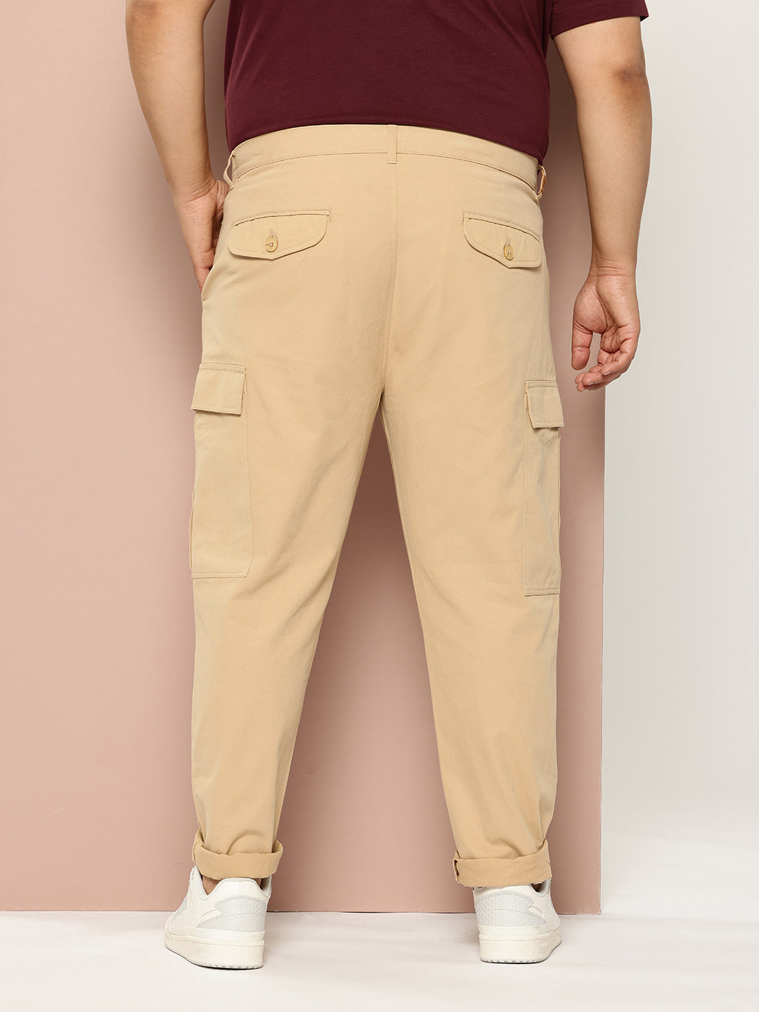 Thomas Scott Men Beige Plus Size Regular fit Mid-rise Cotton Woven Cargo Trouser