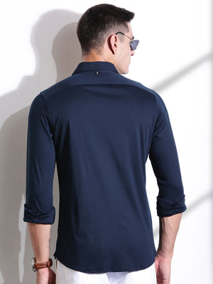 Thomas Scott Men Navy Blue Spread Collar Slim Fit Long Sleeves Solid Knitted Shirt