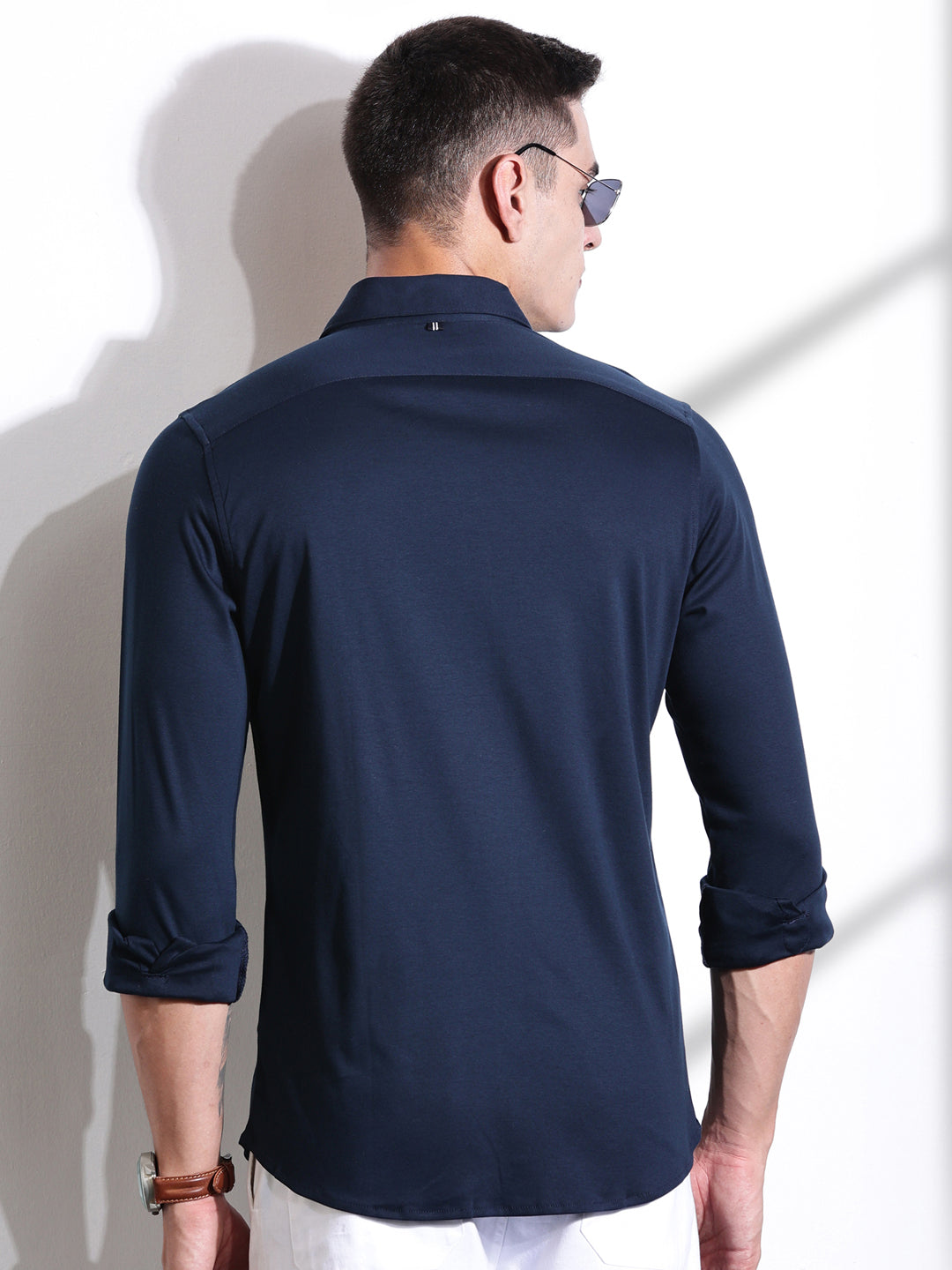 Thomas Scott Men Navy Blue Spread Collar Slim Fit Long Sleeves Solid Knitted Shirt