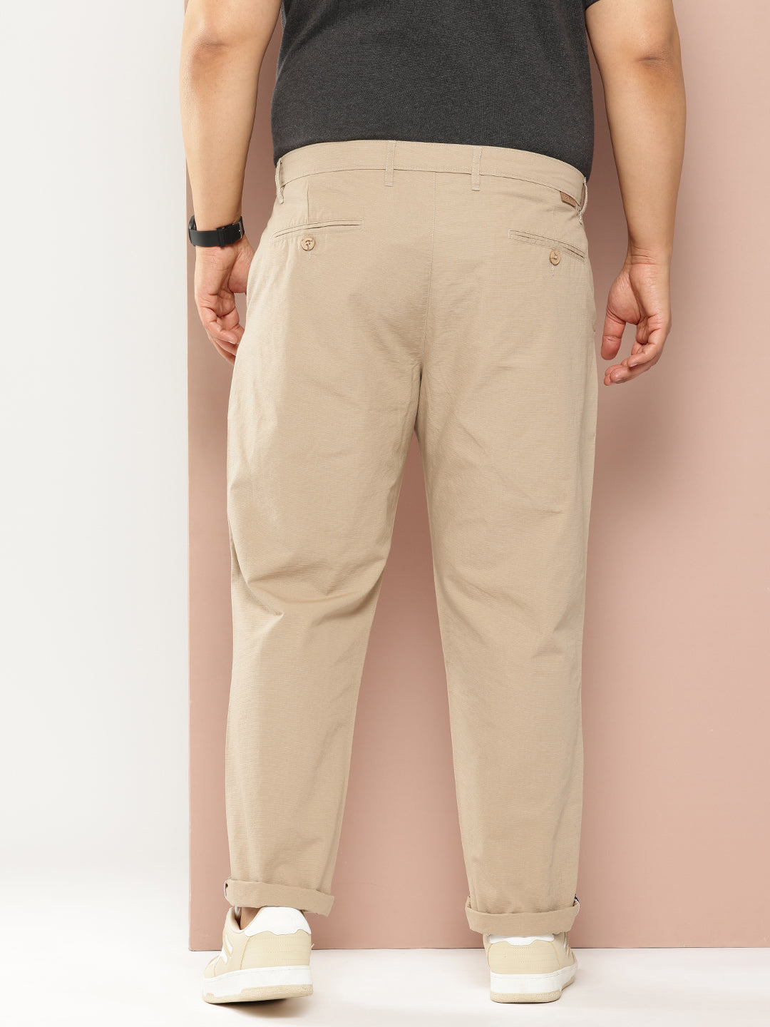 Thomas Scott Men Fawn Plus Size Regular Fit Mid-Rise Solid Woven Trousers