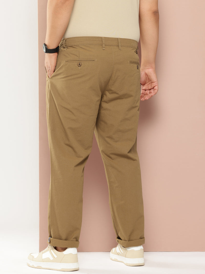Thomas Scott Men Khaki Plus Size Regular Fit Mid-Rise Solid Woven Trousers