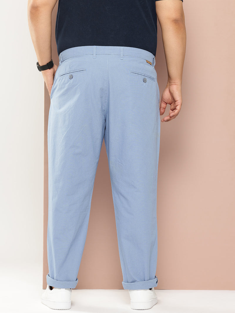 Thomas Scott Men MidBlue Plus Size Regular Fit Mid-Rise Solid Woven Trousers