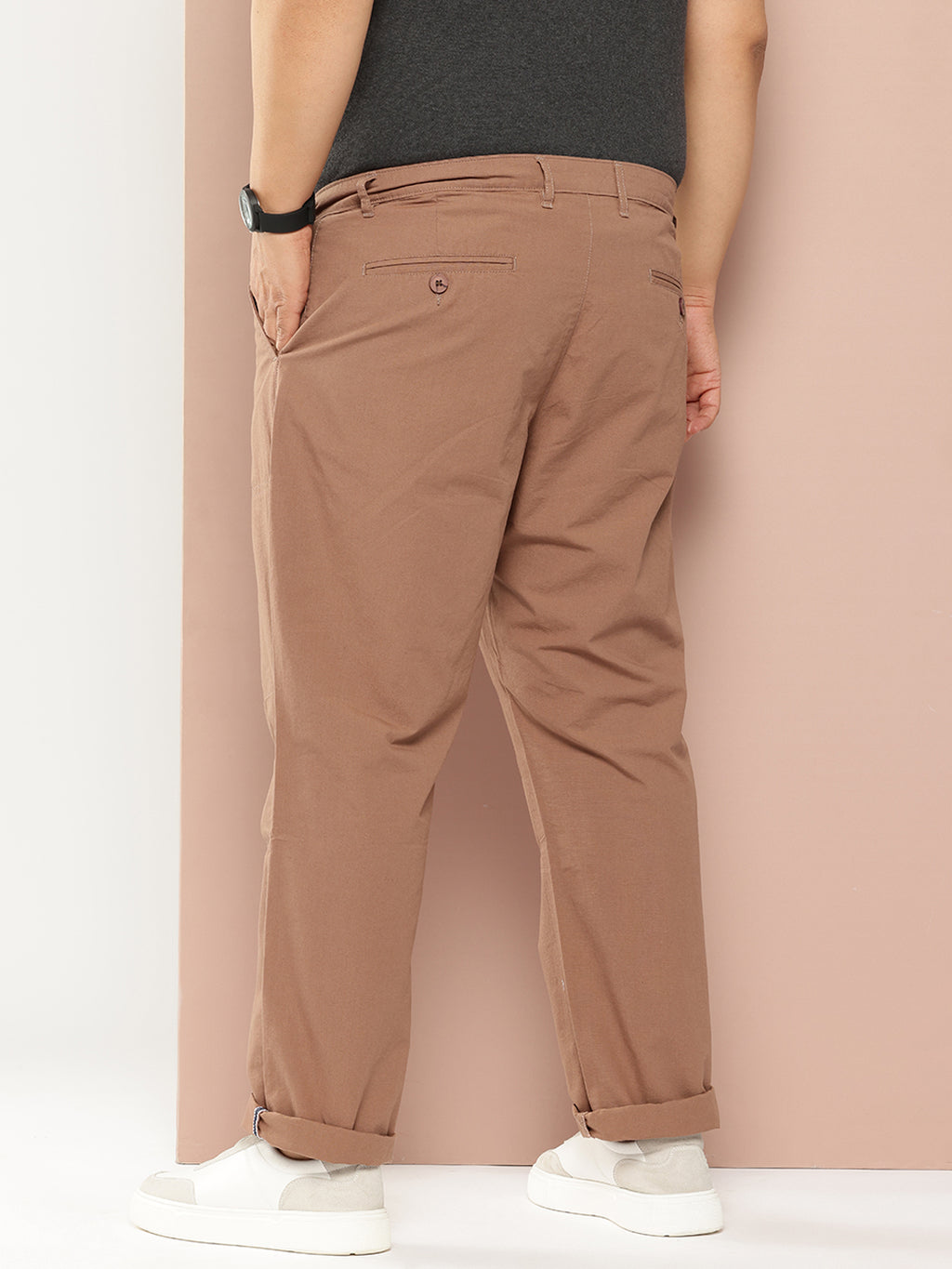 Thomas Scott Men Peach Plus Size Regular Fit Mid-Rise Solid Woven Trousers
