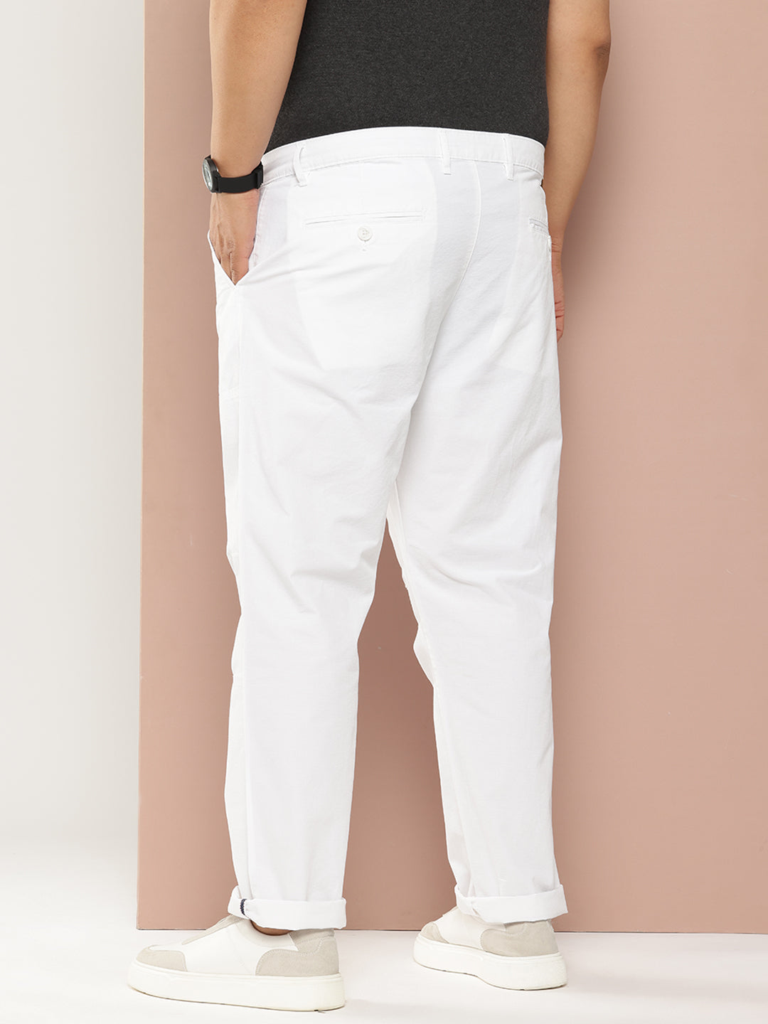 Thomas Scott Men White Plus Size Regular Fit Mid-Rise Solid Woven Trousers