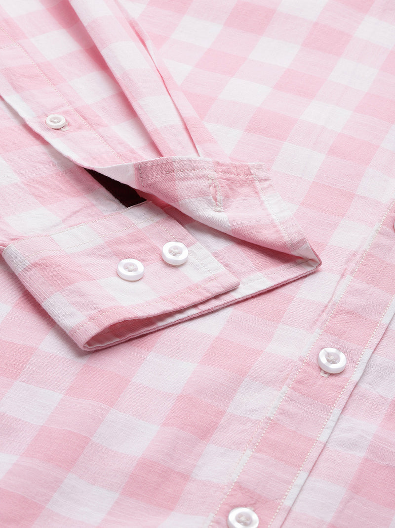 Thomas Scott Men Pink Plus Size Regular Fit Long Sleeves Tartan Checks Casual Shirt