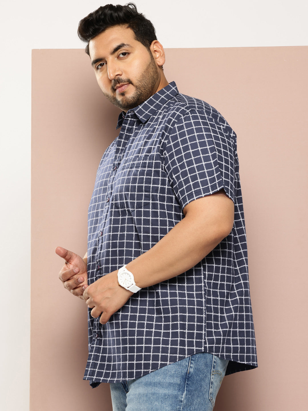 Thomas Scott Men Navy Plus Size Regular Fit Short Sleeves Windowpane Checks Woven Casual Shirt