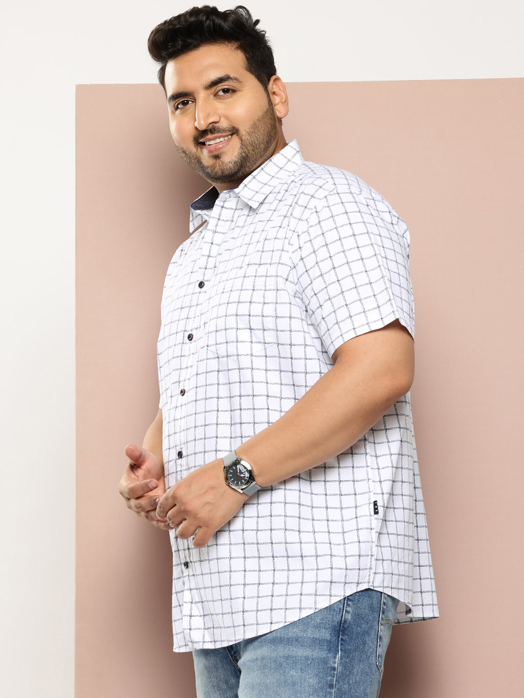 Thomas Scott Men White Plus Size Regular Fit Short Sleeves Windowpane Checks Woven Casual Shirt