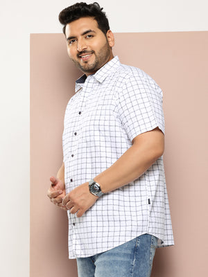 Thomas Scott Men White Plus Size Regular Fit Short Sleeves Windowpane Checks Woven Casual Shirt