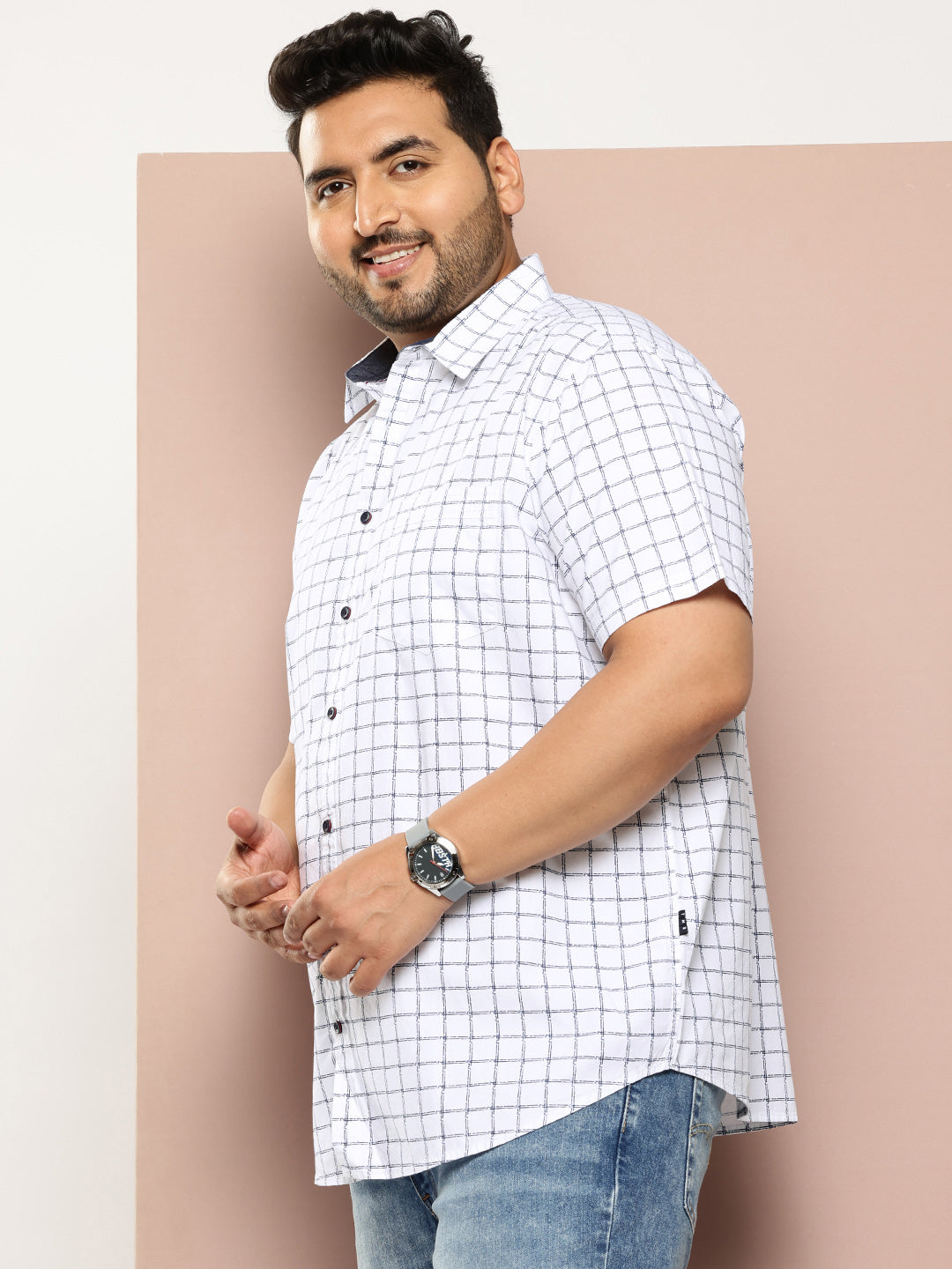 Thomas Scott Men White Plus Size Regular Fit Short Sleeves Windowpane Checks Woven Casual Shirt