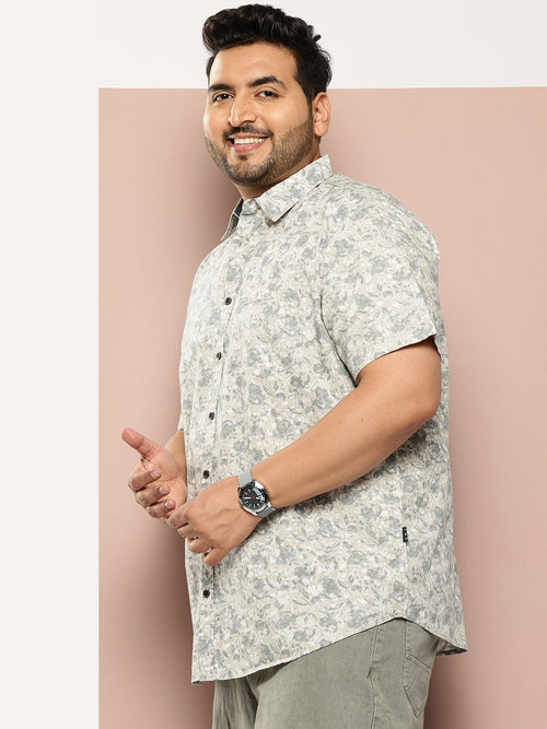 Thomas Scott Men Grey Plus Size Regular Fit Short Sleeves Floral Printed Woven Casual Shirt