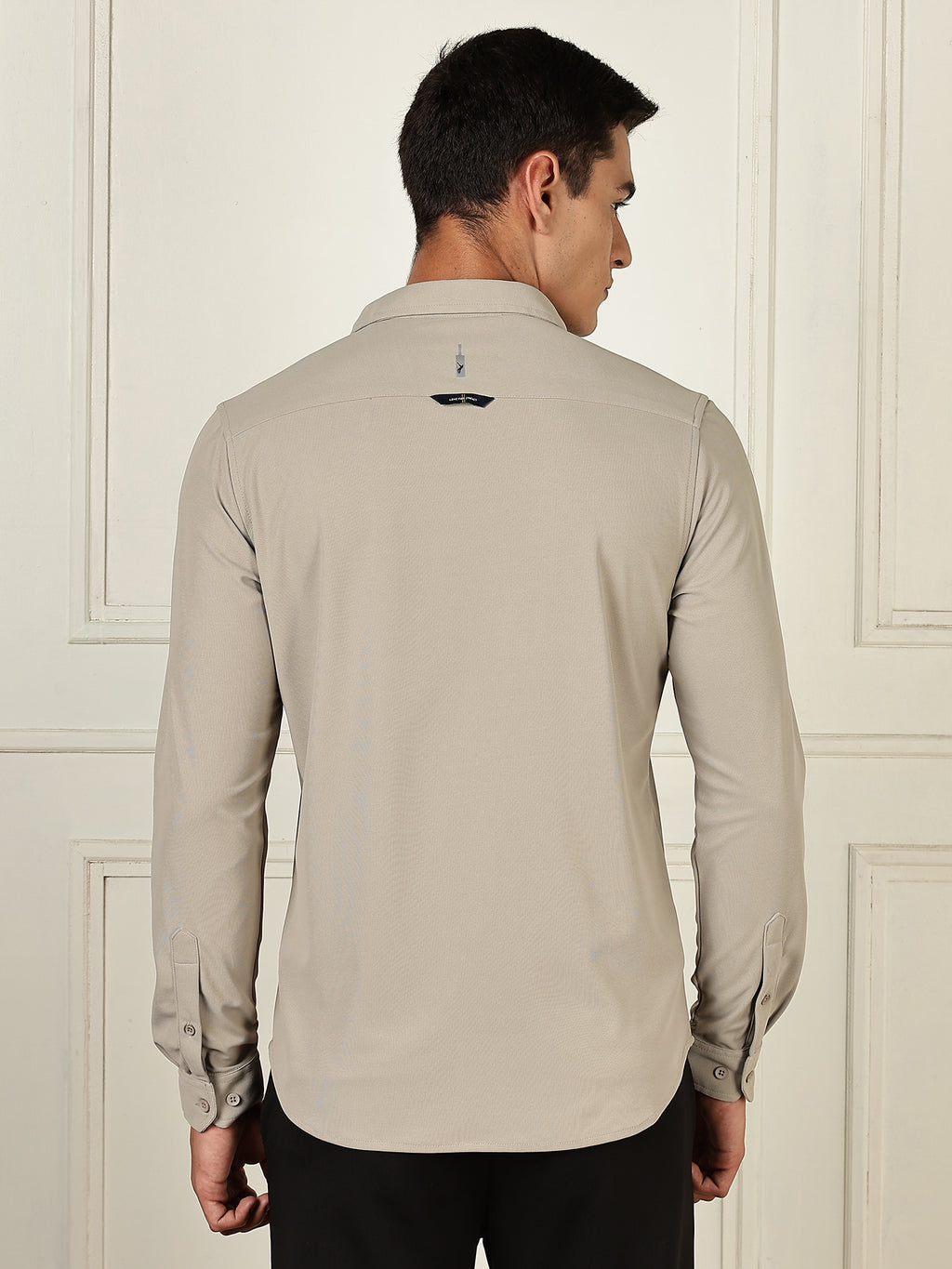 Thomas Scott Men Grey Premium Slim Fit Long Sleeves 4 Way Stretch CoolMax Knitted Casual Shirt