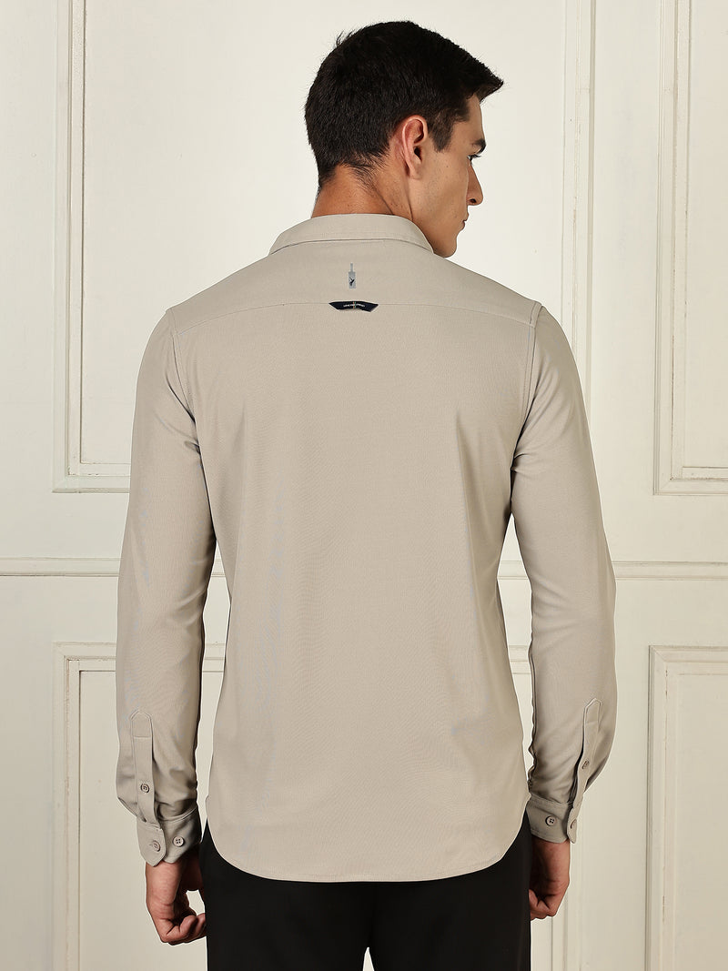 Thomas Scott Men Grey Premium Slim Fit Long Sleeves 4 Way Stretch CoolMax Knitted Casual Shirt