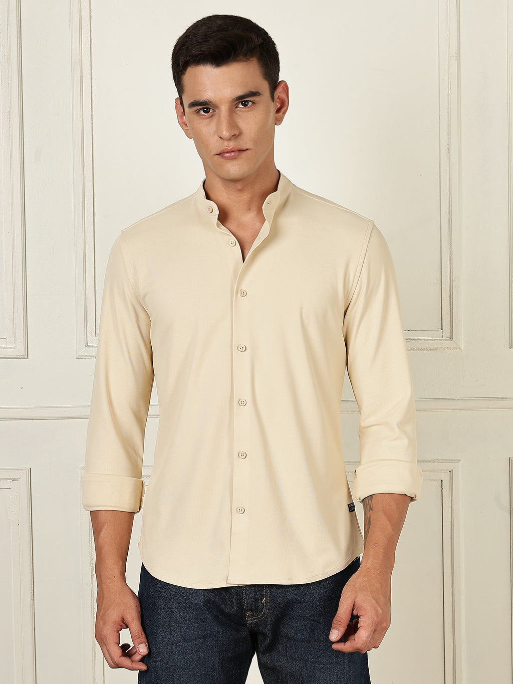 Thomas Scott Men Beige Premium Slim Fit Long Sleeves Mandarin Collar 4 Way Stretch CoolMax Knitted Shirt