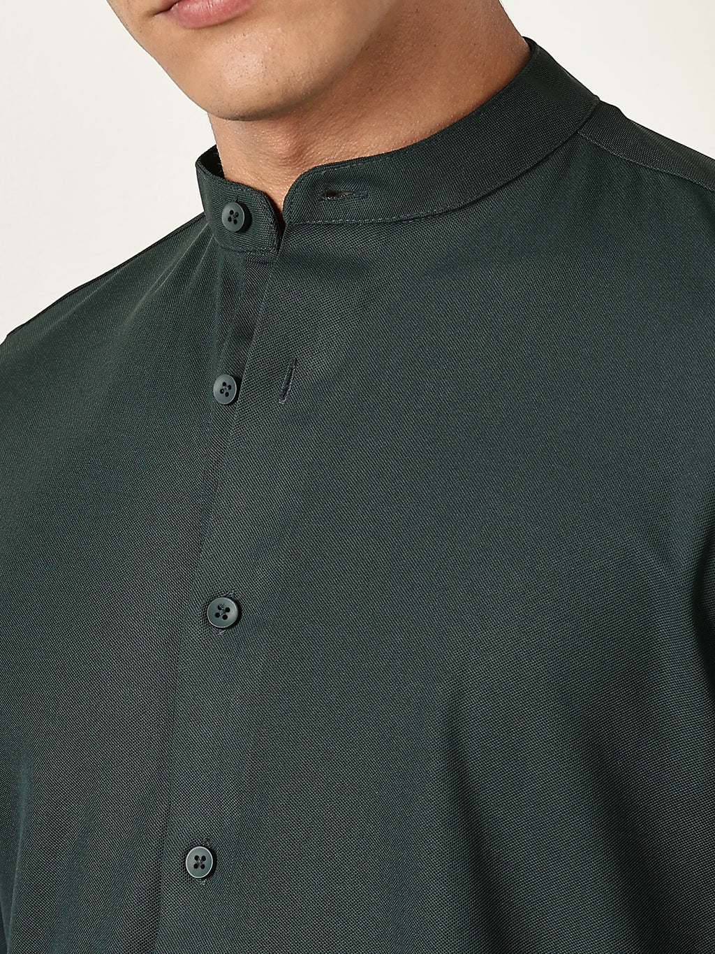Thomas Scott Men Green Premium Slim Fit Long Sleeves Mandarin Collar 4 Way Stretch CoolMax Knitted Shirt
