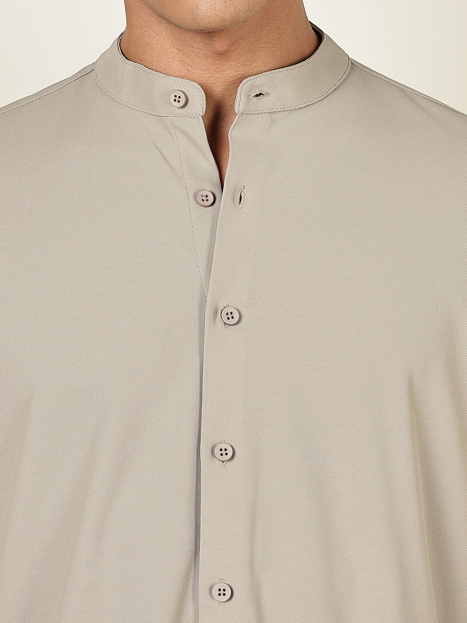 Thomas Scott Men Grey Premium Slim Fit Long Sleeves Mandarin Collar 4 Way Stretch CoolMax Knitted Shirt