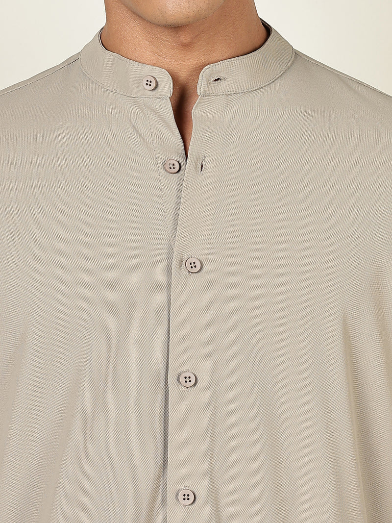 Thomas Scott Men Grey Premium Slim Fit Long Sleeves Mandarin Collar 4 Way Stretch CoolMax Knitted Shirt