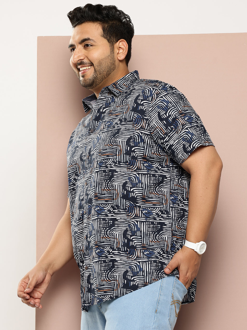 Thomas Scott Men Navy Plus Size Regular Fit Short Sleeves Graphic Print Woven Casual Shirt