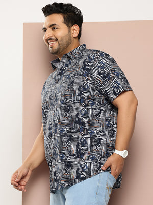 Thomas Scott Men Navy Plus Size Regular Fit Short Sleeves Graphic Print Woven Casual Shirt