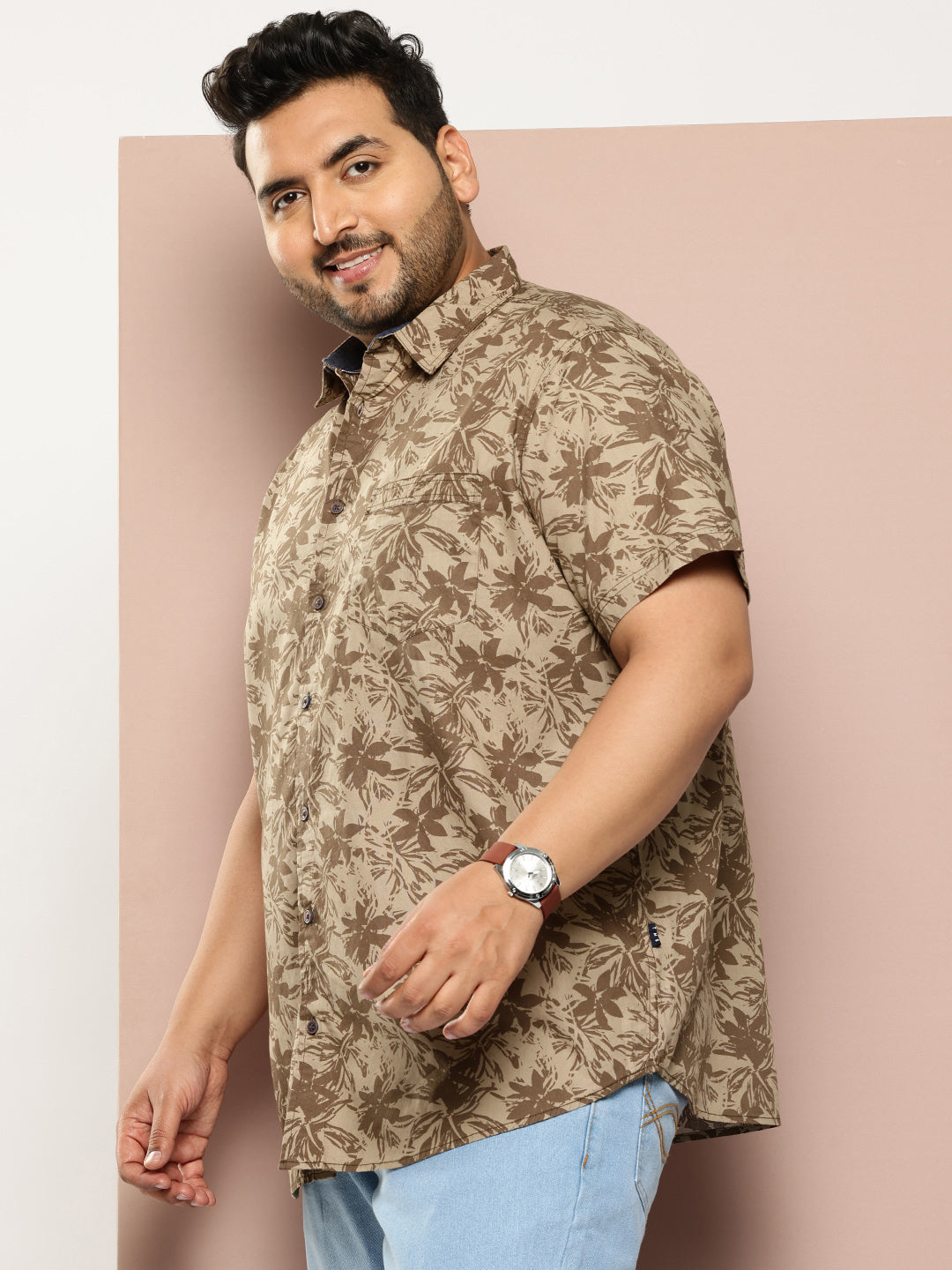 Thomas Scott Men Olive Plus Size Regular Fit Short Sleeves Spread Collar Floral Print Woven Casual Shirt