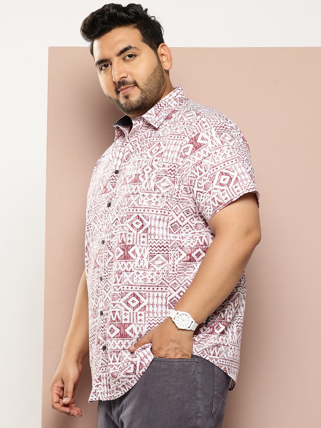 Thomas Scott Men Red Plus Size Regular Fit Short Sleeves Geometric Print Woven Casual Shirt