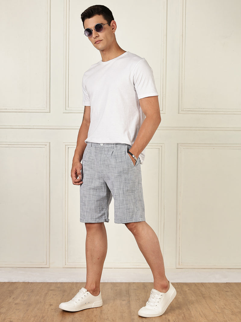 Thomas Scott Men Navy Mid-Rise Straight Fit Micro Checks Woven Linen Shorts