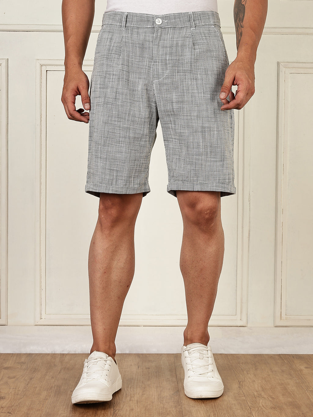 Thomas Scott Men Olive Mid-Rise Straight Fit Micro Checks Woven Linen Shorts