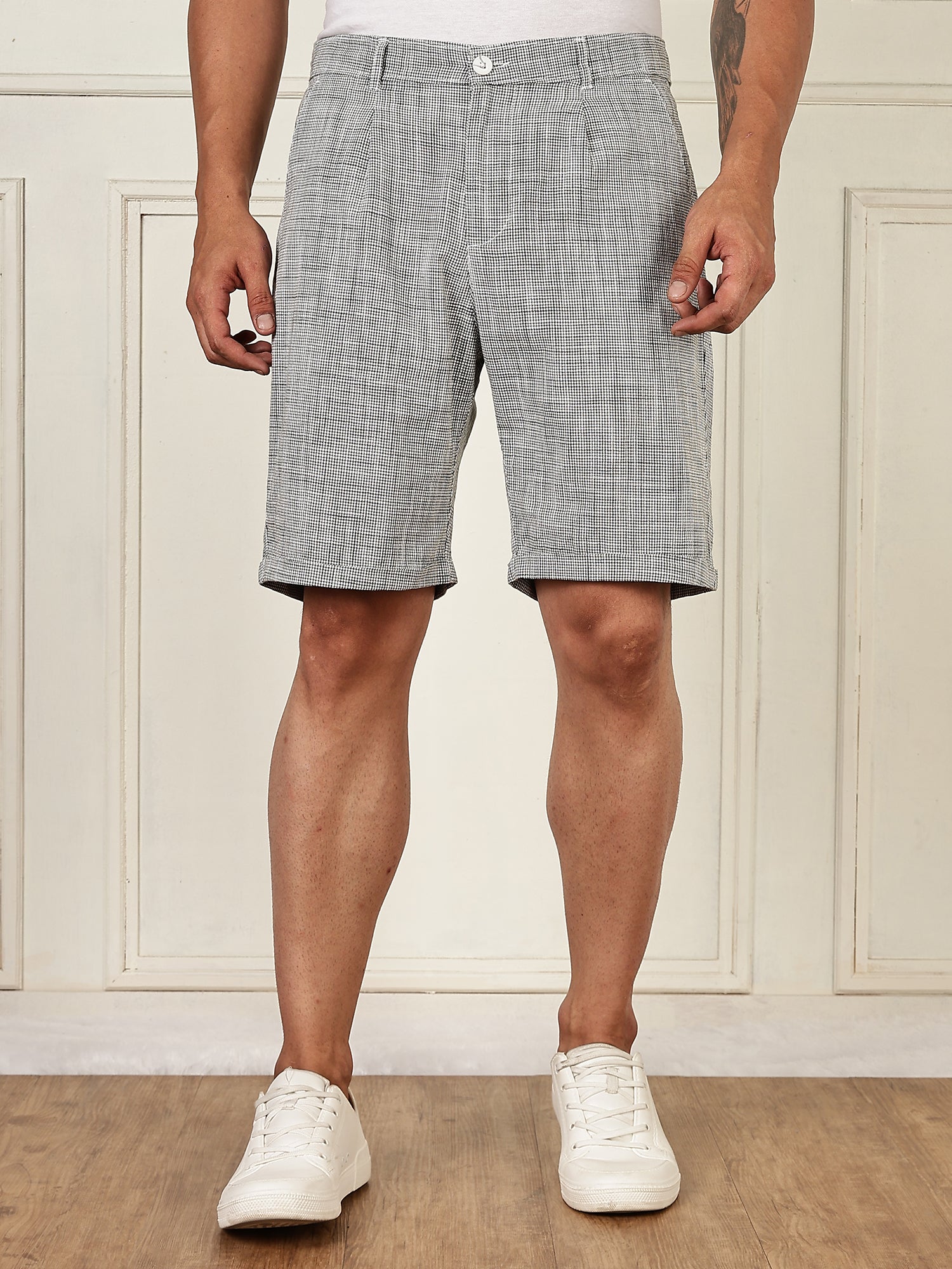 Thomas Scott Men Olive Mid-Rise Straight Fit Micro Checks Woven Linen Shorts