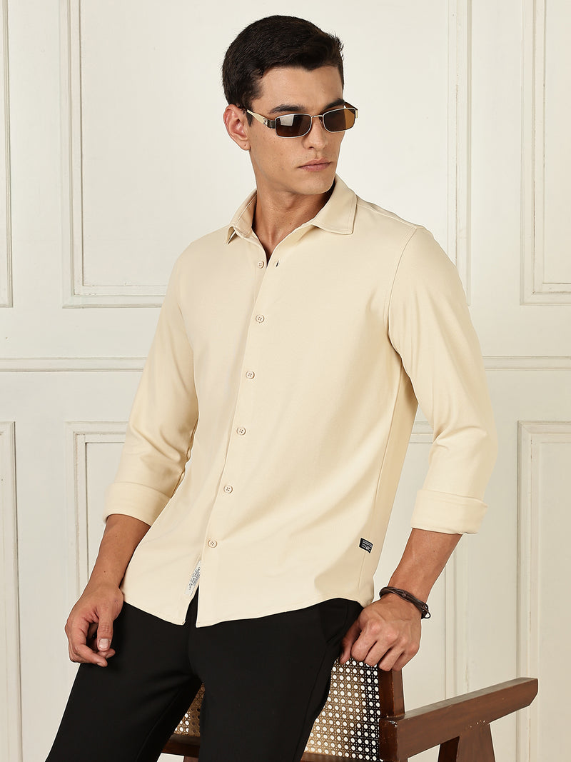 Thomas Scott Men Beige Premium Slim Fit Long Sleeves 4 Way Stretch CoolMax Knitted Casual Shirt