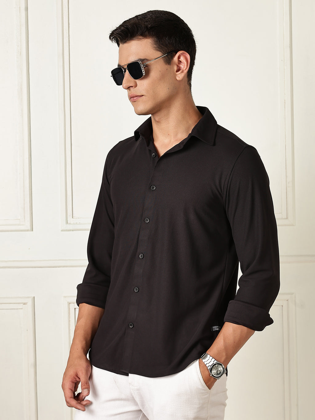 Thomas Scott Men Black Premium Slim Fit Long Sleeves 4 Way Stretch CoolMax Knitted Casual Shirt