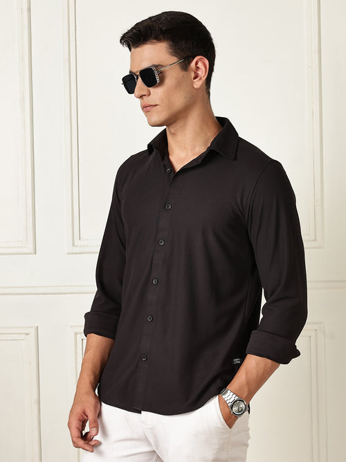 Thomas Scott Men Black Premium Slim Fit Long Sleeves 4 Way Stretch CoolMax Knitted Casual Shirt