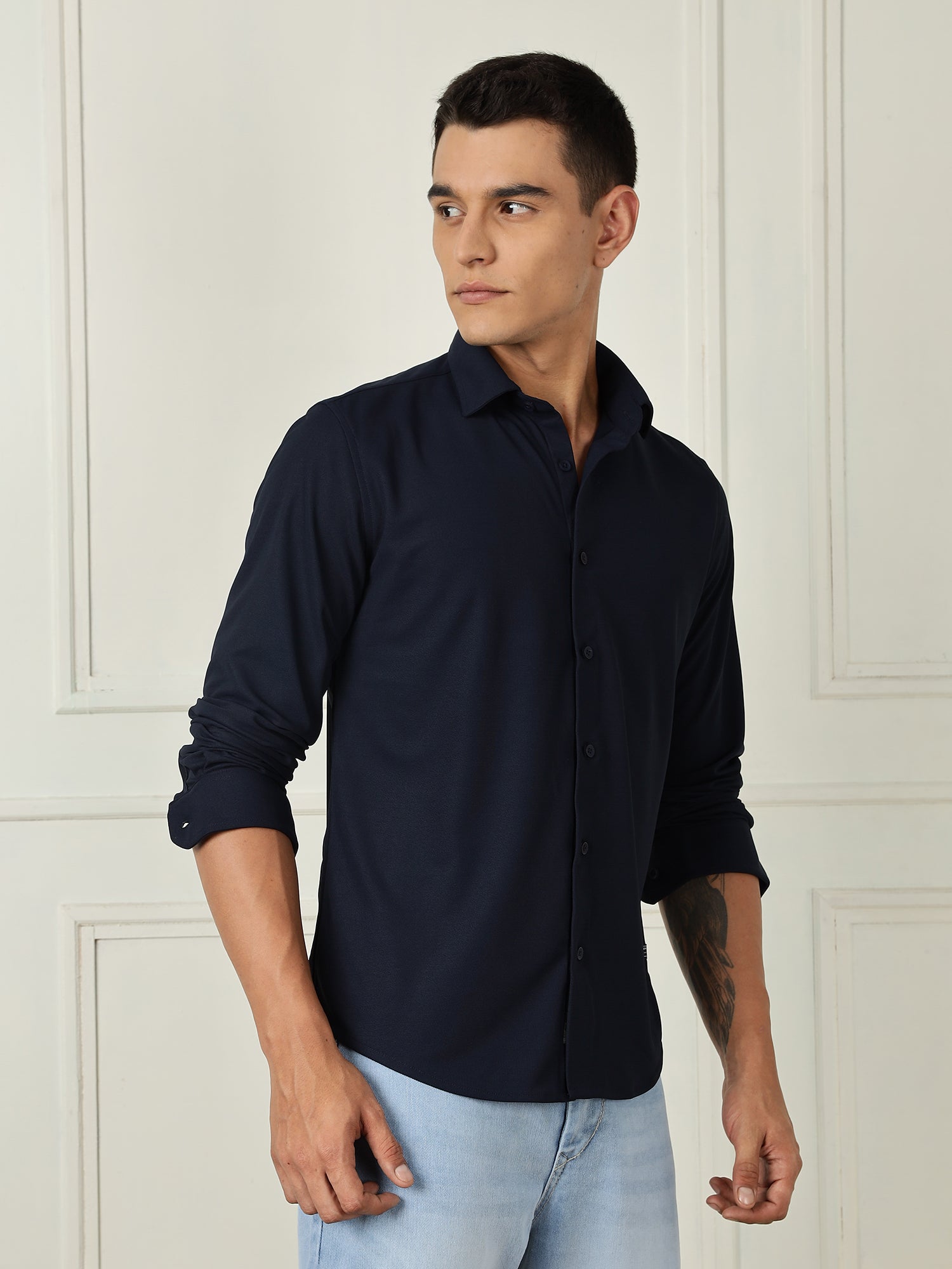 Thomas Scott Men Navy Premium Slim Fit Long Sleeves 4 Way Stretch CoolMax Knitted Casual Shirt