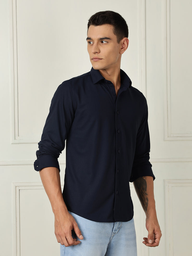 Thomas Scott Men Navy Premium Slim Fit Long Sleeves 4 Way Stretch CoolMax Knitted Casual Shirt
