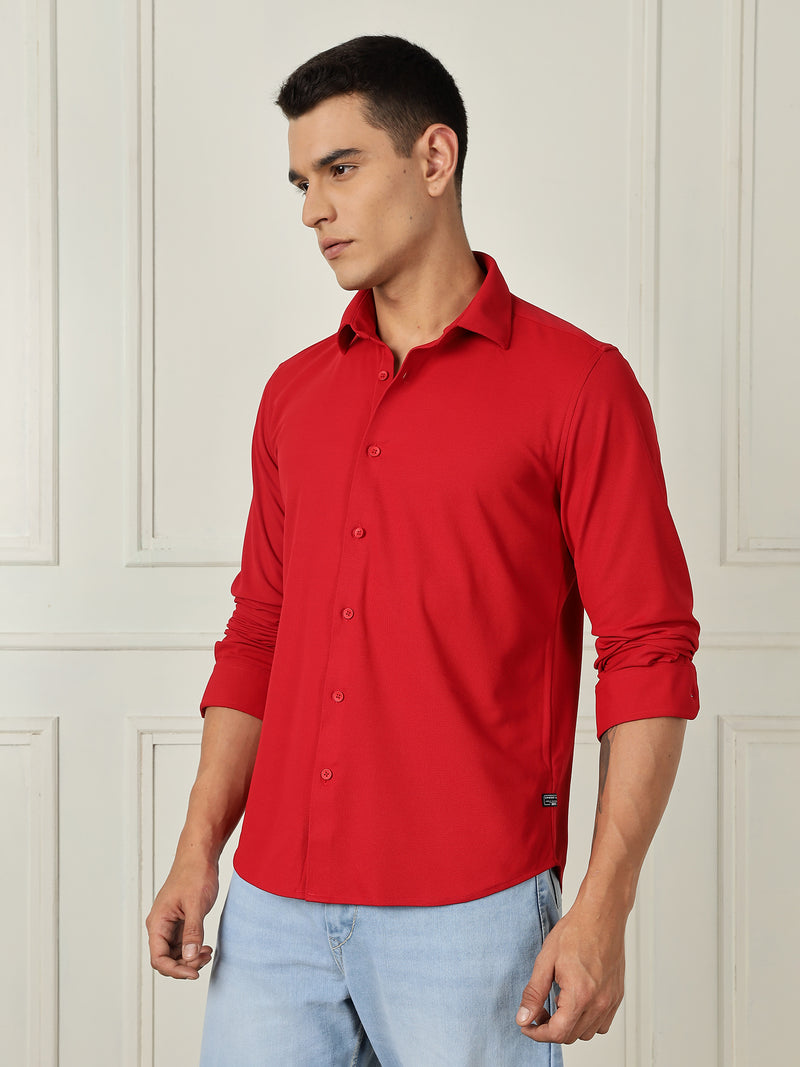 Thomas Scott Men Red Premium Slim Fit Long Sleeves 4 Way Stretch CoolMax Knitted Casual Shirt